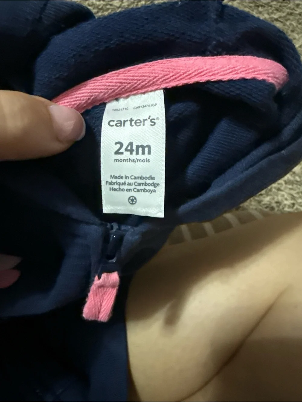 Carter's Navy Hooded Zip-Up Sweatshirt with Pink, Red and White Hearts